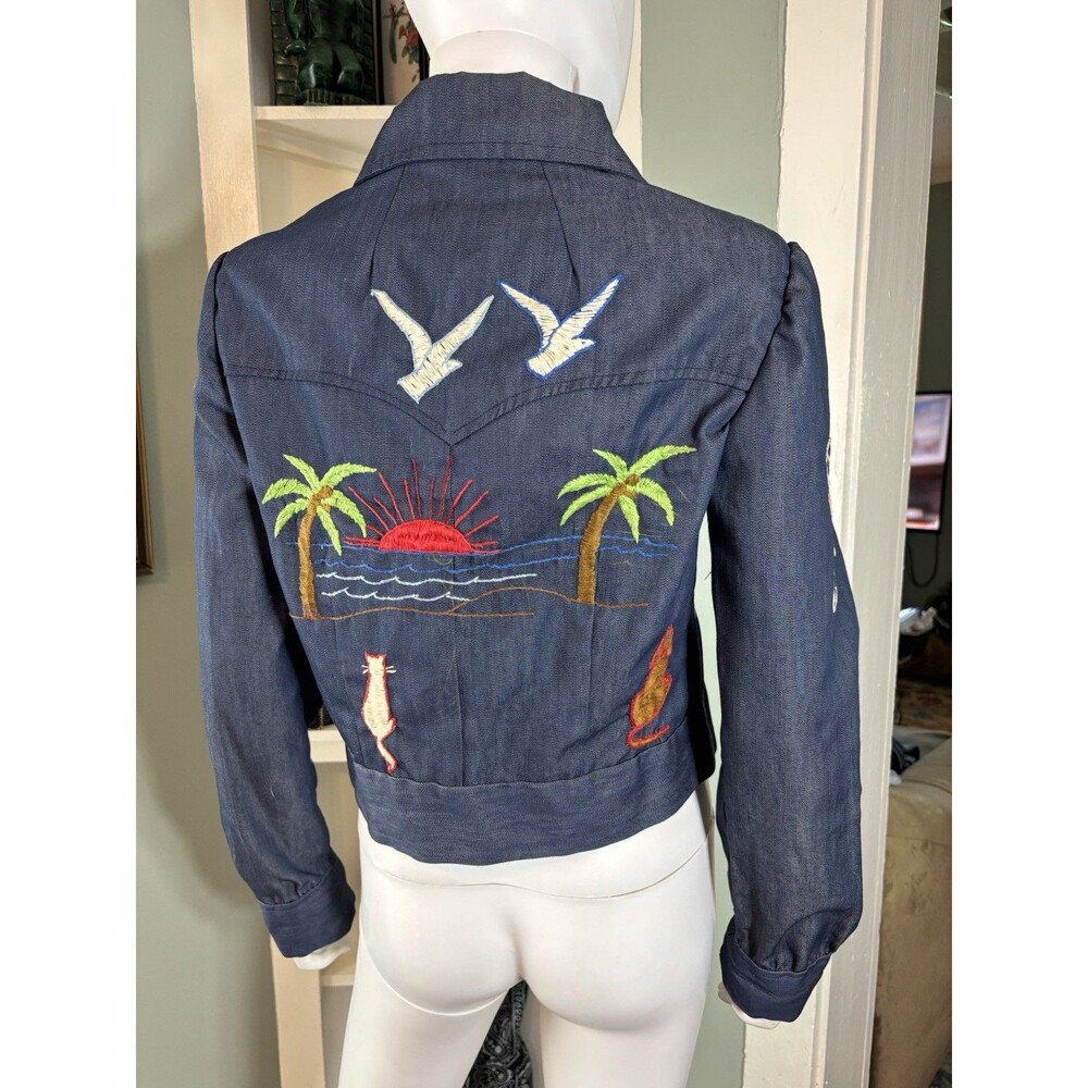 Vintage 70s Embroidered Jean Denim Jacket Women’s Small S Cropped Western Snap